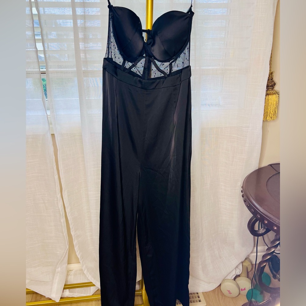 Shein Black Jumpsuit with Mesh Bodice and Built In Bra Strapless Sz L